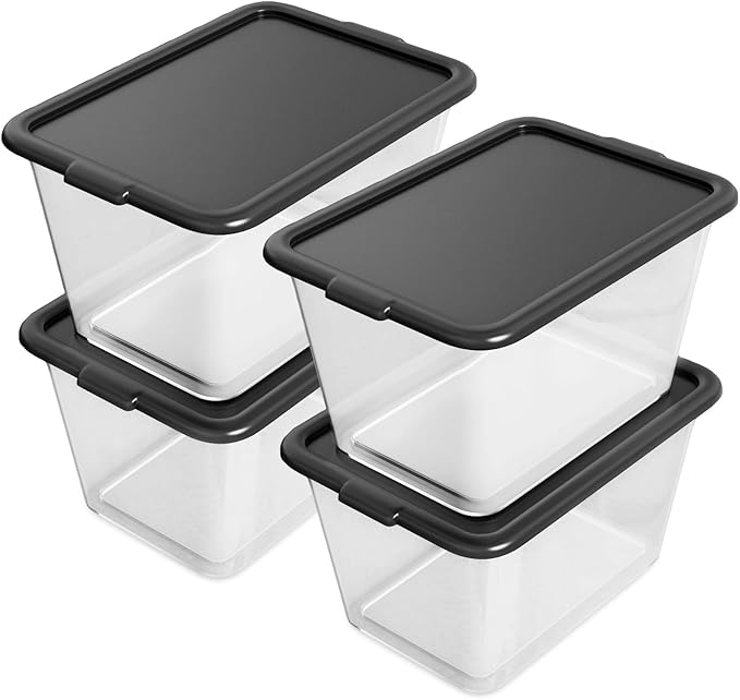 Storage Totes with Lids - Made in USA 14.5-Gallon (58-Quart) 4-Pack Clear Plastic Storage Bins with Black Lids Storage Containers Large Storage Boxes Organizer for Home, Office, and Garage