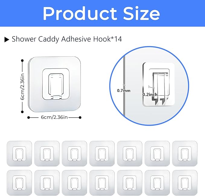 EJGIEGSO Shower Caddy Adhesive Replacement Hooks, Heavy Duty Waterproof Strips, No Drilling for Bathroom Shelves, Kitchen Racks, and Soap Holders (Transparent-14 Pack 1 Hook)