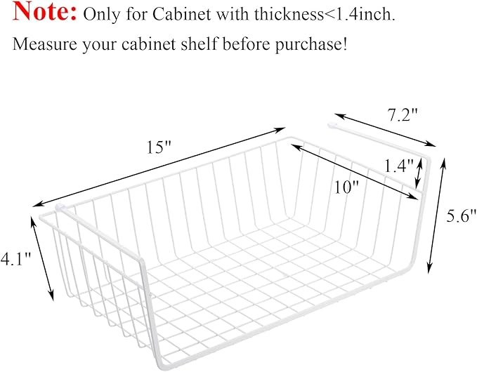 Tebery 4 Pack White Under Shelf Wire Basket Hanging Storage Baskets, Under Cabinet Add-on Storage Racks Slide-in Baskets Organizer for Kitchen Pantry Desk Bookshelf
