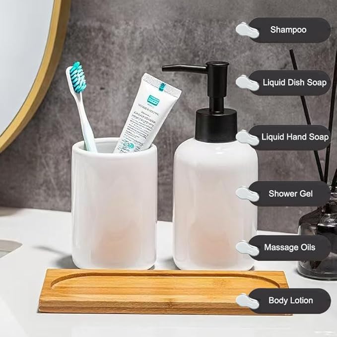White Ceramic Soap Dispenser and Toothbrush Holder,3-Piece Bathroom Accessories Set Modern Cylinder Countertop Bath Set,Liquid Hand Soap Dispenser,Tumbler Cup,Wooden Vanity Tray