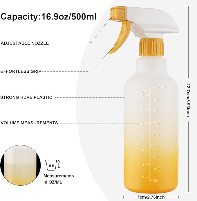 Spray Bottles 16.9oz HDPE Spray Bottle for Hair Mist/Stream Empty Heavy Duty Refillable Containers for Cleaning Solutions, Plants, Vinegar 2 Pack (Yellow, 16.9oz)