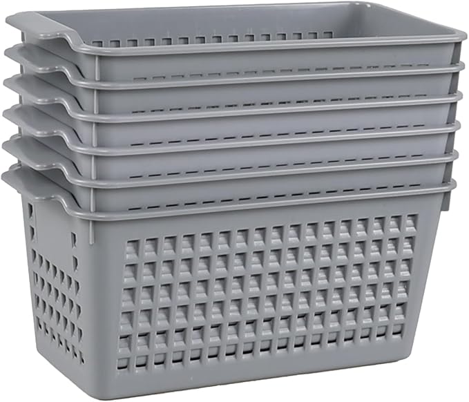 Ggbin Grey Plastic Stacking Storage Basket, Slim Pantry Basket Bins, 6 Packs