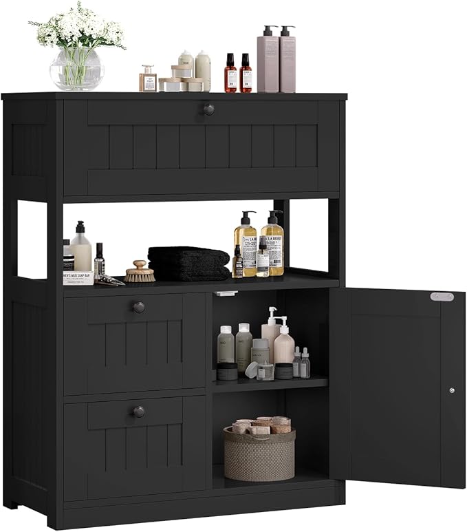 Storage Cabinet, Modern Bathroom Floor Storage Cabinet Organizer with 1 Door and 3 Drawers, Freestanding Cupboard for Kitchen/Living Room Use