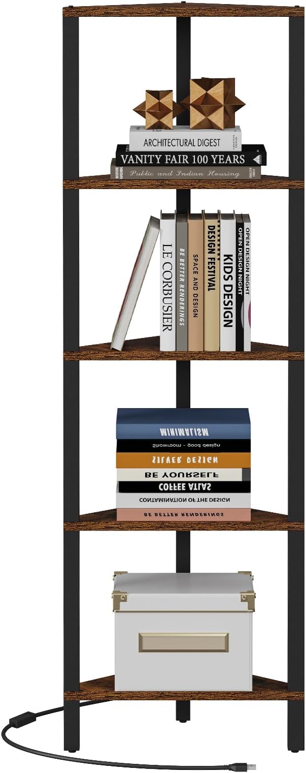TUTOTAK Corner Shelf with LED Light, 5-Tier Corner Bookshelf for Small Space, Narrow Display Corner Shelf Stand with Storage Rack, for Living Room, Bedroom, Rustic Brown BS05BB005L