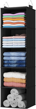 Lifewit 5 Tier Hanging Closet Organizer and Storage for Shelves, Foldable Clothes Storage Shelf with 2 Sturdy Hooks for Clothing Organization, Dorm Room Essentials for Guys, Black