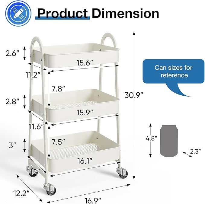 OLIXIS 3 Tier Utility Rolling Cart, Metal Mobile Storage Shelf with Lockable Caster Wheels, Organization for Livingroom, Bathroom & Narrow Places, White