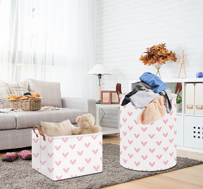 19.7" Pink Cute Heart Laundry Basket,Kids Dirty Clothes Hamper,Waterproof Toys Storage Bin,Room Decor,Gift Baskets,Baby Nursery Hamper(Pink Heart)