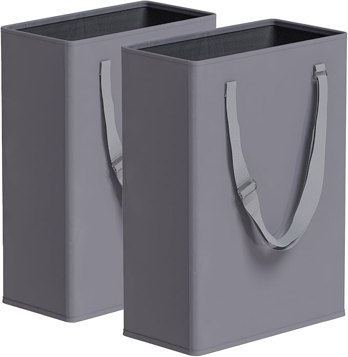 TECHMILLY Slim Laundry Hamper with Adjustable Long Handles, 45L Small Laundry Baskets with Mesh Top, Narrow Dirty Clothes Hamper for Bedroom, Closet, and Bathroom - Grey, 2 Packs