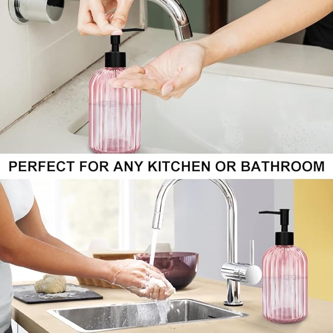 Pack of 2 Glass Soap Dispenser with Black Pump, 400 ml Refillable Pump Dispenser for Kitchen, Bathroom, Laundry Room, Liquid Glass Bottle for Washing Up Liquid, Shampoo, Conditioner (Pink)