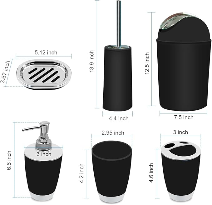 Bathroom Accessories Set, 6-Piece Plastic Gift Set, Toothbrush Holder, Toothbrush Cup, Soap Dispenser, Soap Dish, Toilet Brush Holder, Trash Can (Black)