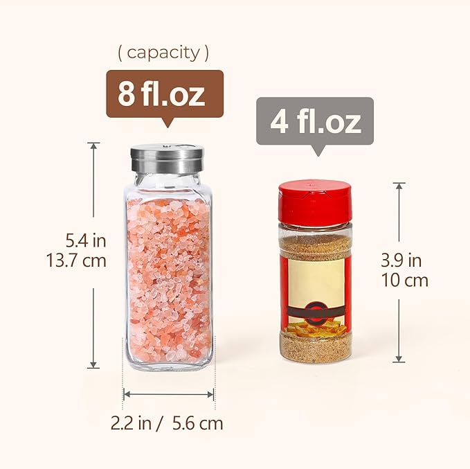 ComSaf Spice Jars with Shaker lids Adjustable, 8oz 6PCS，9 DIY Labels, Spice Jars Trial Set & Supplement Set, Empty Ingredient Containers and Square Ingredient Bottles for Kitchen and Seasoning