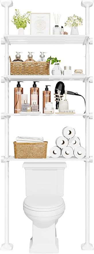 Bonpally Over The Toilet Storage Shelf, 4-Tier Adjustable Bathroom Organizer, No Drill Tension Mounted Shelves Metal, Space-Saving Bathroom Cabinet Rack Above Toilet for Small Bathroom Rooms, White