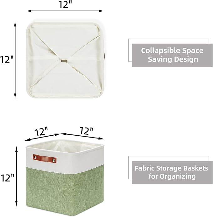 HNZIGE Fabric Storage Cubes Set of 4, 12 x 12 Decorative Bins for Shelf, Toy and Dog Toy Baskets for Kids (Green White)