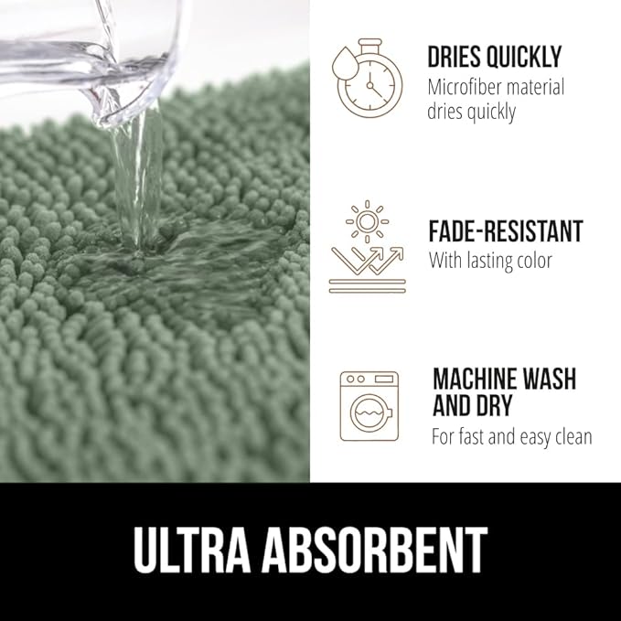 GORILLA GRIP Plush Absorbent Shaggy Chenille Bath Rug Mat for Oval Toilet Base with Rubber Backing, Machine Washable Rugs, Soft Microfiber Contour Mats for Toilets, Bathroom Decor, Sage