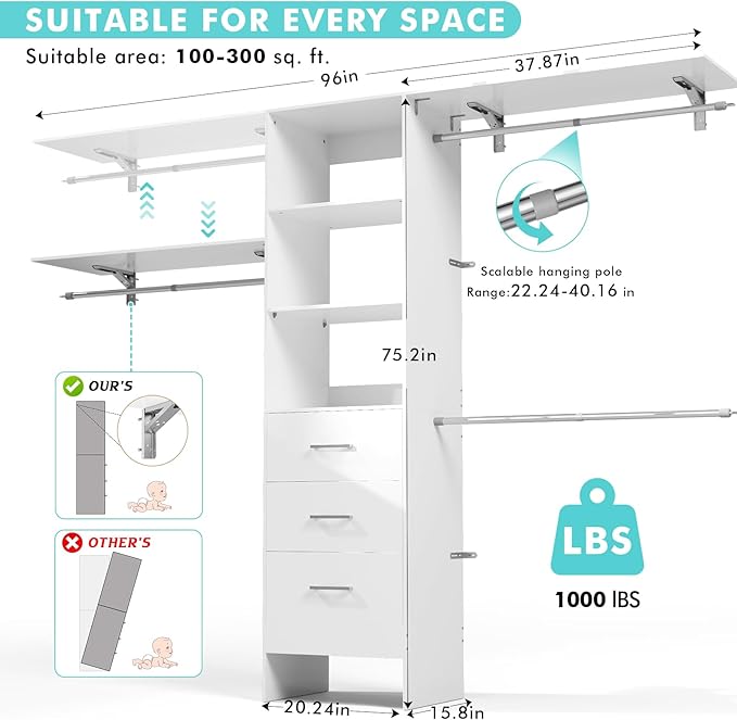 Walk in Closet Organizer System - with 3 Extendable Hanging Rods, Built-in Garment Rack with 6 Shelves, Wall Mounted Clothes Organizers Storage Systems for Bedroom