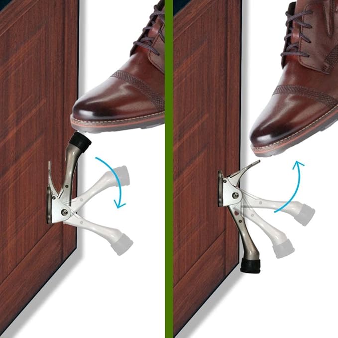 One Touch Kickdown Door Stopper, Door Holder, Heavy Duty Door Stops, Bottom of Door, Height-Adjustable Rubber Tips by HASHI (Chrome 4 inch x 2pack)