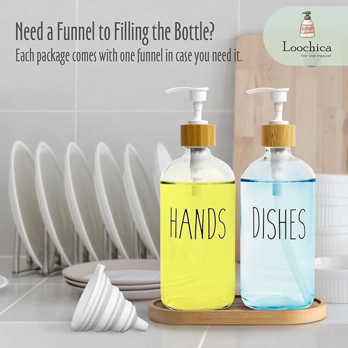 Clear Glass Soap Dispenser Set with Tray, Transparent Dish and Hand Soap Dispenser Set, Refillable Reusable Apothecary Soap Pump Dispenser Bottles for Bathroom and Kitchen