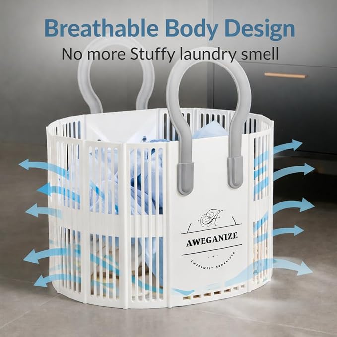 40L Collapsible Plastic Laundry Basket with Strong Handles – Sturdy Space-Saving Design for Daily Laundry Loads, Apartment & Home Use – White