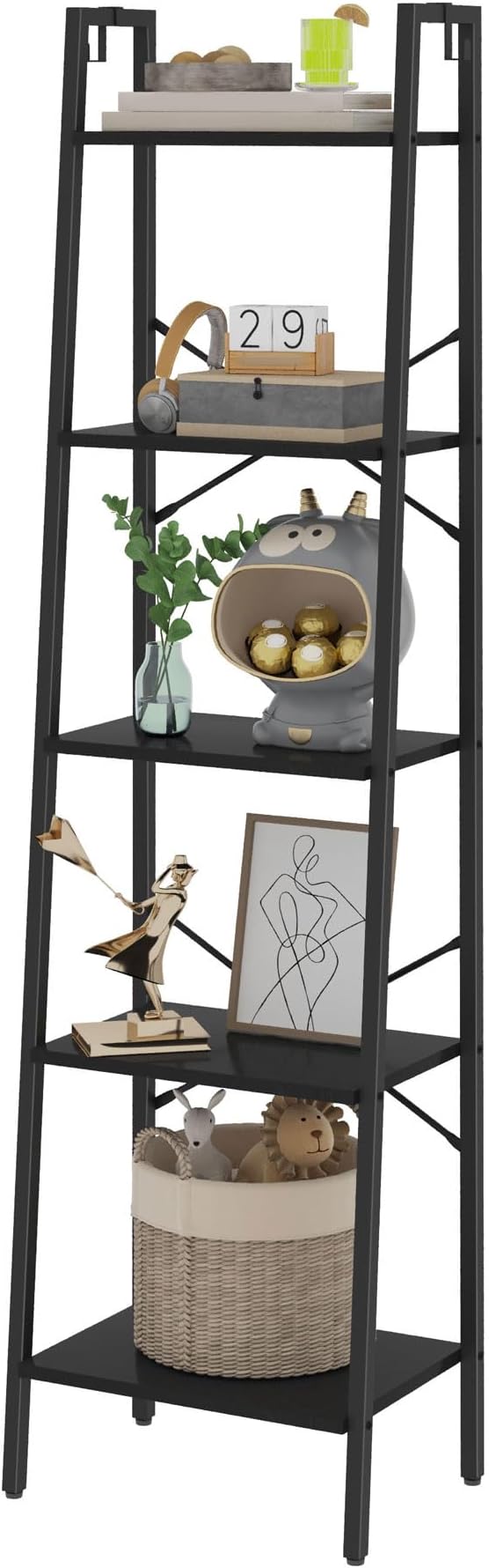 Ladder Shelf, Bookshelf Bookcase, Freestanding Corner Storage Shelve with 2 Hooks for Home Office, Living Room, Kitchen, Bedroom, Industrial, 11.8" D x 17.3" W x 63" H, Black BC19204B