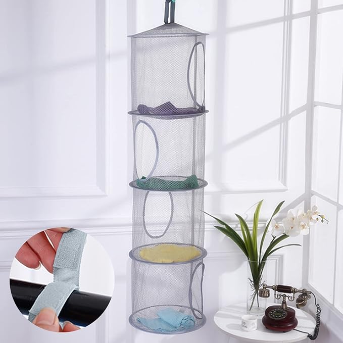 2pcs Hanging Mesh Storage Organizer Bag Foldable Space Saving Organizer with 2pcs S Hooks for Room Bathroom Wall Balcony Wardrobe(Grey，Blue)