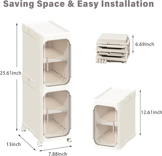 2-Tier Slim Bathroom Storage Cabinet, Narrow Storage Cabinet with Wheels, Adjustable Shelves, Magnetic Doors, Water-Proof, Anti-Tip Skinny Organizer Cabinet for Small Space, Cream White