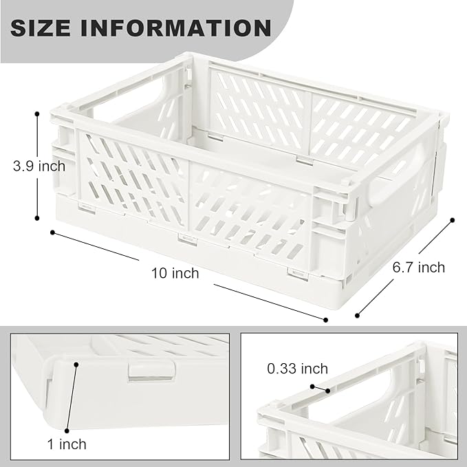 Small Pastel Plastic Storage Bins 2Pcs Foldable Pastel Crates Plastic Basket Colorful Storage Containers Baskets for Classroom Kitchen Office Bedroom Desktop Home Decor (White 9.8" x 6.5" x 3.8")