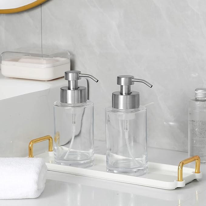 Foaming Soap Dispenser Set, 12 Oz Glass Hand Soap Dispenser with 304 Rust Proof Stainless Steel Pump, Waterproof Labels, for Bathroom Decor Kitchen College Dorm, Clear Silver Pump