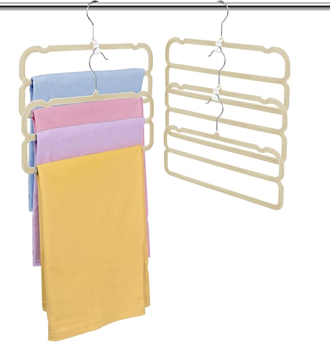 Velvet Pant Hangers, Felt Trouser Hangers for Women and Men, Heavy Duty, Space Saving, 13.77"(L) Slim Double Non-Slip Hanger, 360° Swivel Multiple Flocked Jean Hangers for Adult Teen 10 Pack (Beige)
