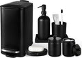 Black Bathroom Accessories Set, 7 Pcs Matte Black Bathroom Accessory Set with Trash Can, Soap Dispenser, Toothbrush Holder, Soap Dish, Vanity Tray, Qtip Holder, Modern Bathroom Sets Complete Decor