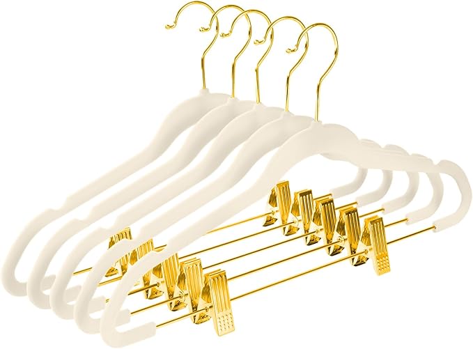 MIZGI Premium Velvet Pants Hangers with Adjustable Clips (Pack of 30) Slim Skirt Hangers- Non Slip Felt Outfit Dress Hangers Ivory - Gold Hooks,Space Saving Shirt Clothes Hangers