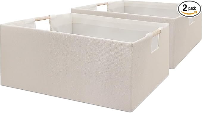 Foldable Fabric Storage Cubes, 2 Packs Cloth Storage Baskets with Wooden Handles, Collapsible Shelf Closet Organizer Bins, Rectangular Storage Boxes for Decor (Beige)