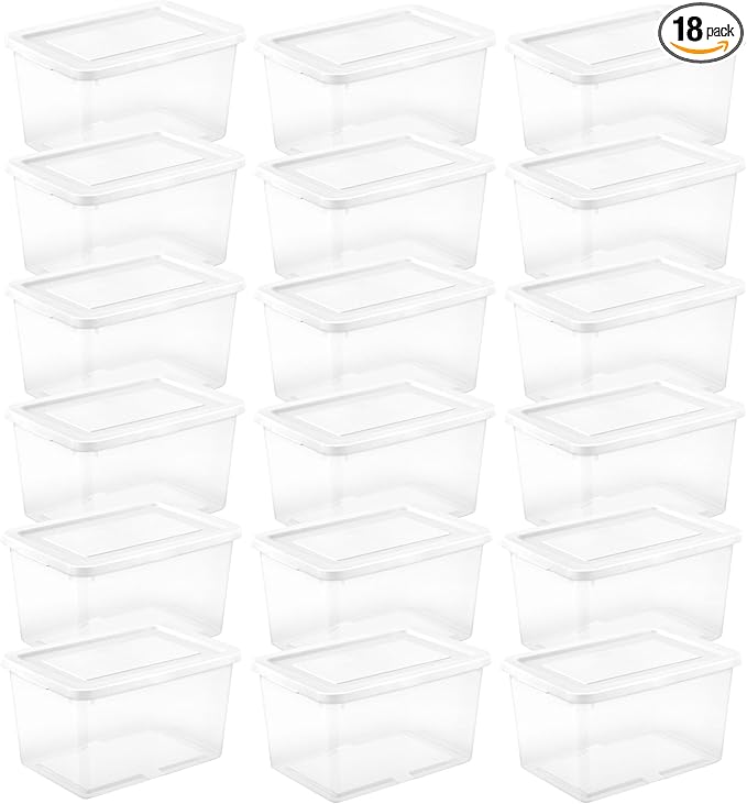 Sterilite 18 Pack Storage Boxes, Clear Plastic Stackable Containers, Lightweight Home Organizers with Snap Lids, 20 Quart, White