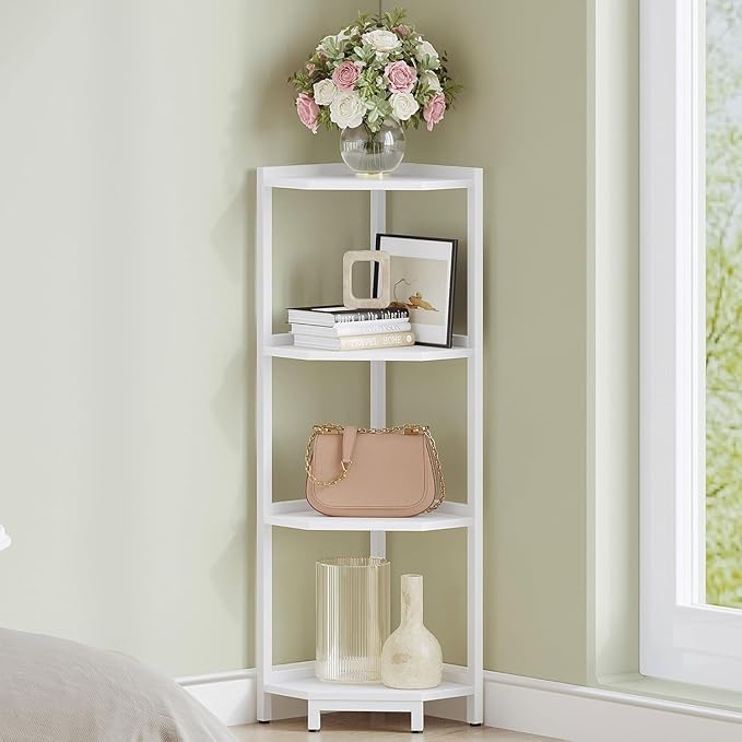 Corner Shelf Stand, Corner Bookshelf, Storage Standing Shelf Unit with Metal Frame, Plant Stand, Bookcase for Living Room, Home Office, Bedroom, 4-Tier White CS05813W