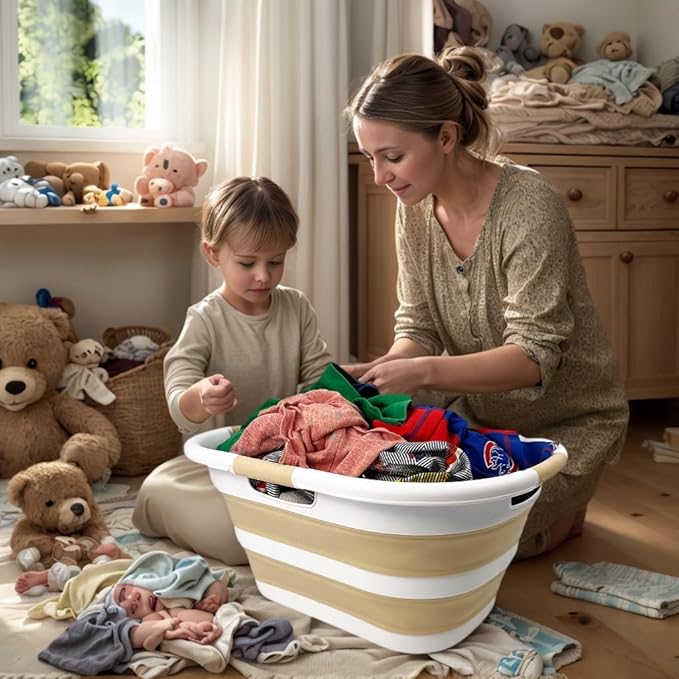 SAMMART 40L (10.5 gallon) Plastic Foldable Laundry Basket/Tub - Collapsible, Space Saving and Portable Laundry Hamper, Ideal for Home, Travel, Dorm, and Camping (1, White/Beige)