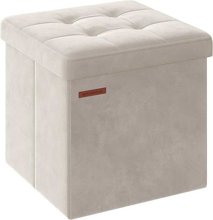 SONGMICS Small Storage Ottoman, Folding Ottoman Cube, 15 x 15 x 15 Inches, Footstool, Footrest, 11 Gal. (43 L), Velvet Surface, for Bedroom, Living Room, Dorm, Cream White ULSF227W01