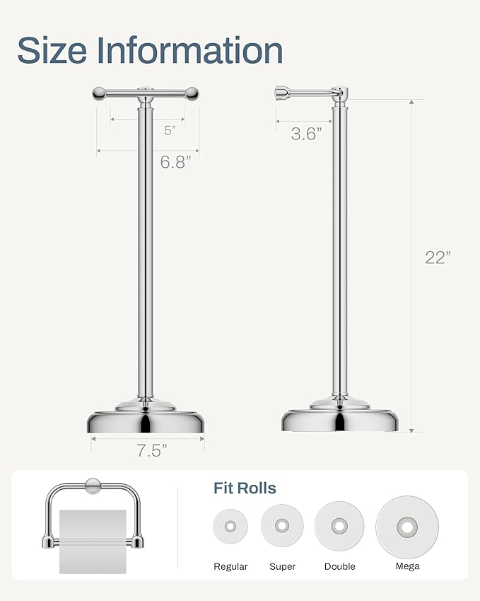KALLYNB Freestanding Toilet Paper Holder Stand - Rustproof 304 Stainless Steel with Heavy Duty Weighted Base (4.8lbs), 22" Height Pivot Arm Tissue Roll Dispenser, Fits Mega Rolls - Chrome Finish