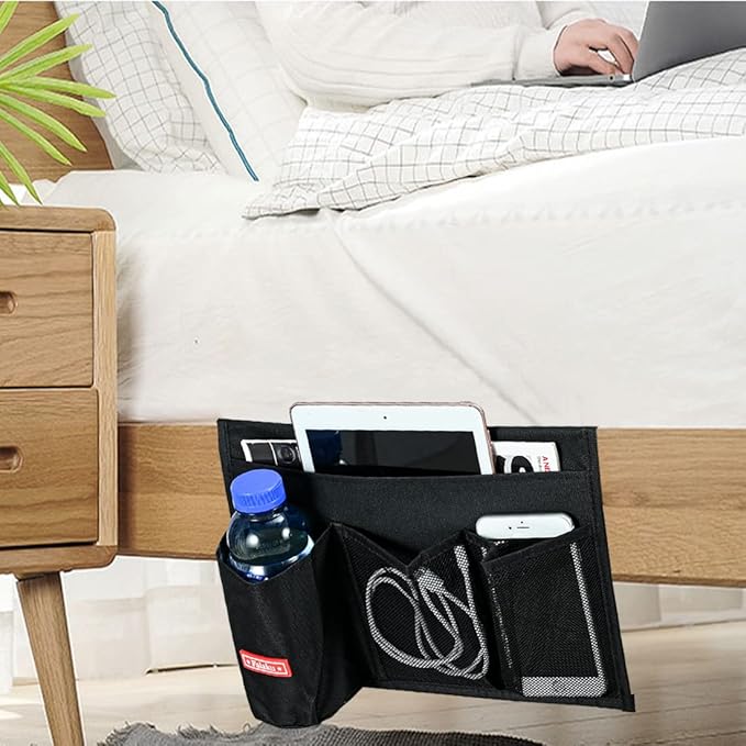 Falaku Bedside Caddy, 4 Pockets Bedside Organizer Caddy Under Mattress,Holds Water Bottles,Magazines,Books (Classic 4 Pockets-Black)