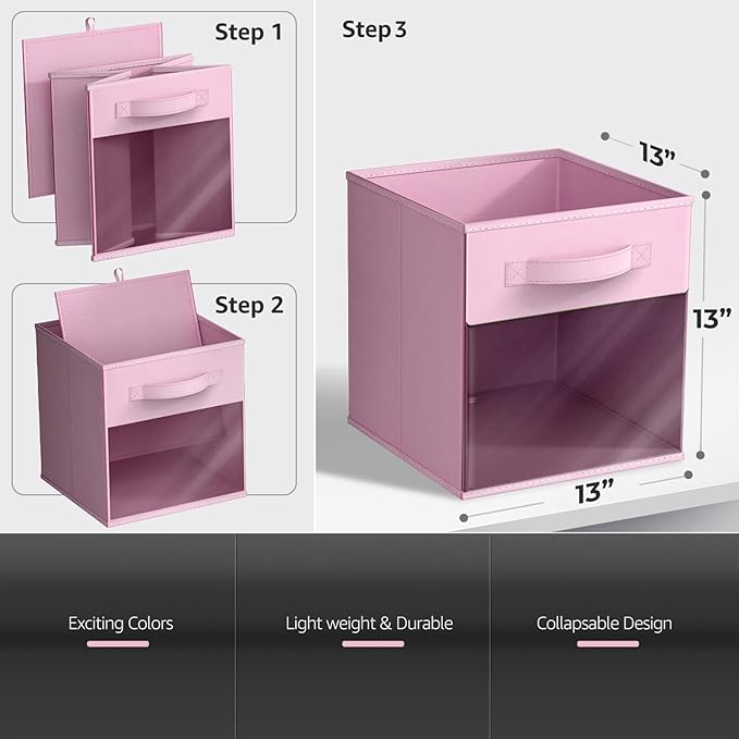 Sorbus 13 Inch Storage Bins with Clear Window - 6 Foldable Baskets for Organizing Clothes, Toys, Books - Sturdy Collapsible Fabric Storage Cubes with Handle - Storage Baskets for Shelves, Closets