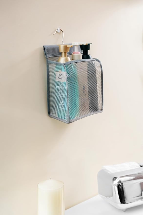 ALYER Hanging Mesh Shower Caddy Organizer Bathroom Storage Bag with Hooks for College Dorm, Gym, Swimming,RV and Travel,Gray