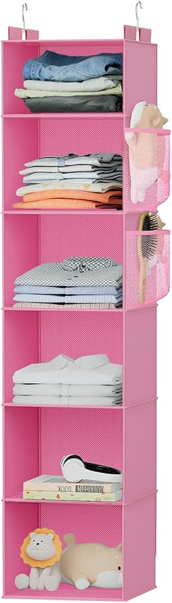 VERONLY Hanging Closet Organizer and Storage with Bamboo Support, 6-Shelf Closet Hanging Storage Shelves, Closet Organizers Easy Mount Foldable for Bedroom (Pink)