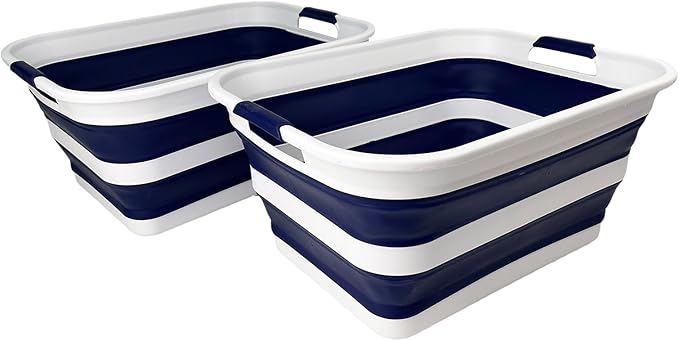 SAMMART Collapsible Plastic Laundry Basket with Handle/Foldable Pop Up Storage Hamper/Portable Laundry Organizer-Space Saving Washing Tub/Household Storage (White/Starry Blue, 42L (Set of 2))
