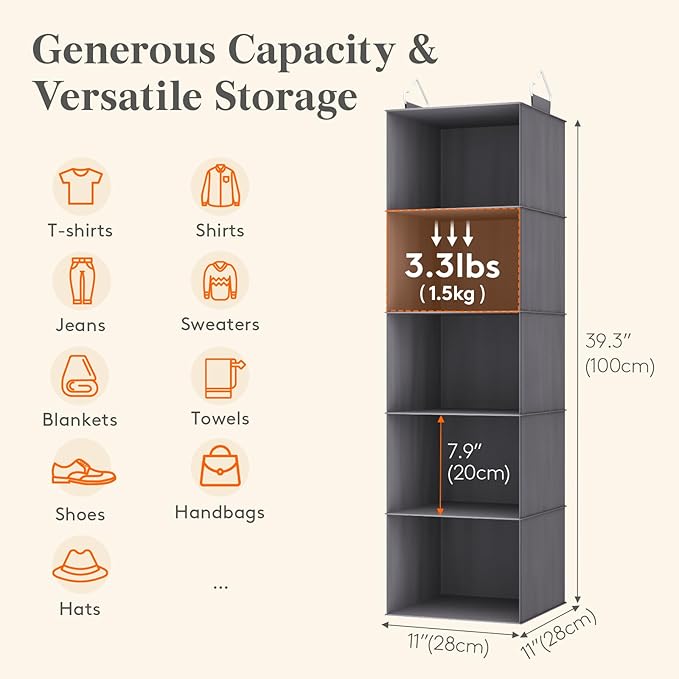 Lifewit 5 Tier Hanging Closet Organizer and Storage for Shelves, Foldable Clothes Storage Shelf with 2 Sturdy Hooks for Clothing Organization, Dorm Room Essentials for Guys, Gray