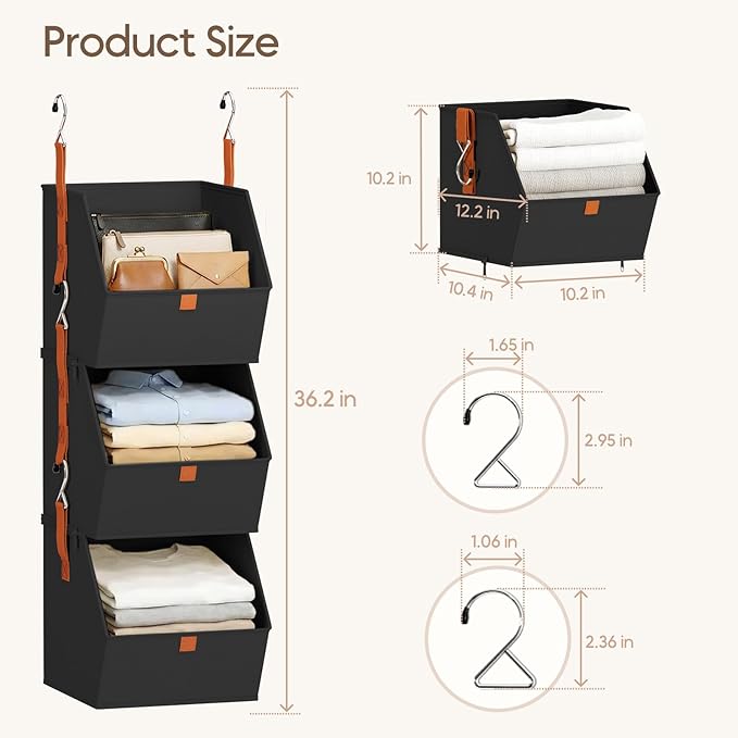 Collapsible Hanging Closet Organizer - 3 Tier Closet Shelves Storage System with Hooks, Fabric Hanging Storage Bins for Clothes, Foldable Storage Basket for Laundry, Bedroom, Rv, Black