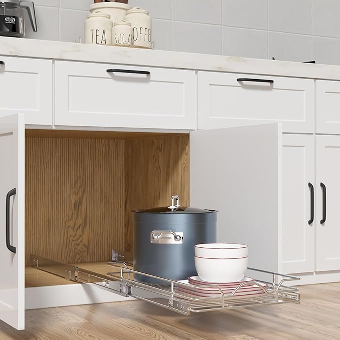 OCG Pull Out Cabinet Organizer (21" W x 21" D), Pull out Shelves 1 Tier, Cabinet Slide Out Shelves for Base Cabinet Organization in Kitchen Bathroom Pantry, Bottom Mount, Chrome Finish