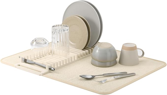 Umbra 330720-354 UDRY Rack and Microfiber Dish Drying Mat-Space-Saving Lightweight Design Folds Up for Easy Storage, Standard, Linen