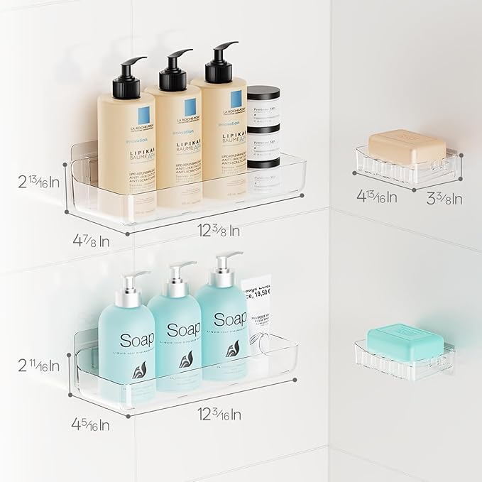 Sotfamily Clear Shower Caddy, Acrylic Wall Mounted Shower Shelves with Soap Dish & Adhesive Pads for Bathroom Organizers and Storage, No Drill Shower Caddies for Bathroom Decor