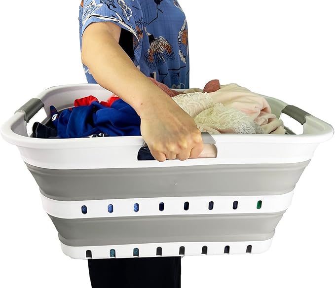 SAMMART 42L (11 gallons) Set of 2 Plastic Foldable Storage Basket/Container - Collapsible, Space Saving and Portable Laundry Hamper, Ideal for Home, Travel, Dorm, and Camping (2, White/Grey)