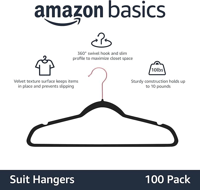 Amazon Basics Slim Velvet Non-Slip Space Saving Suit Clothes Hangers, Closet Organizer, Black/Rose Gold, 100-Pack