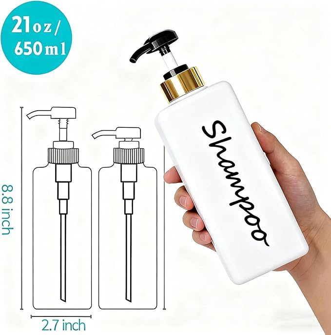 21oz Shampoo and Conditioner Dispenser (Set of 3) Modern Refillable Shampoo Pump Bottles for Shower Soap - Empty Shampoo Conditioner Body Wash Dispenser Set - Stylish Permanent Labels - for Bathroom