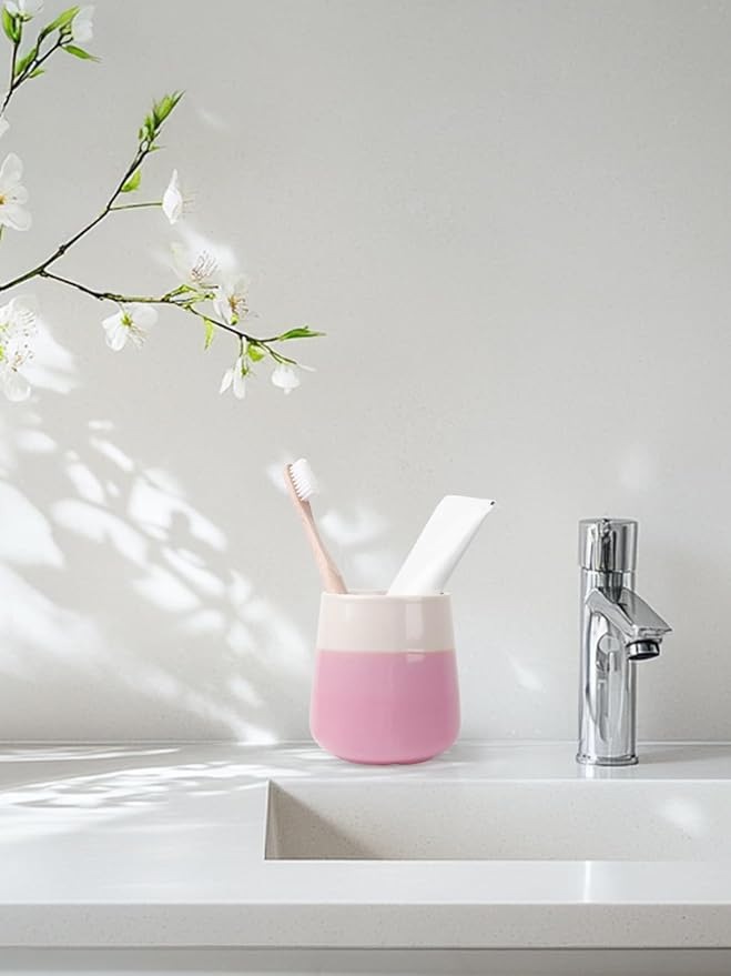 INGOFIN Ceramic Toothbrush Holder Cup, 12 oz Toothpaste Holder for Bathroom Vanity and Countertop, Organizer for Cosmetic, Makeup, Office Pencils, for Hotel Apartment, Beige and Pink